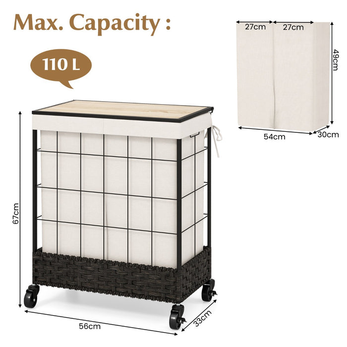 Large 110L Handwoven Rattan Basket - Lockable Wheels and Lid Feature for Easy Mobility and Content Safety - Ideal Laundry Storage Solution for Big Families