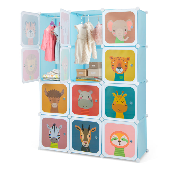 Kids' Portable Storage - 12 Cube Wardrobe with Hanging Section, Blue - Ideal for Organizing Children's Clothing and Accessories