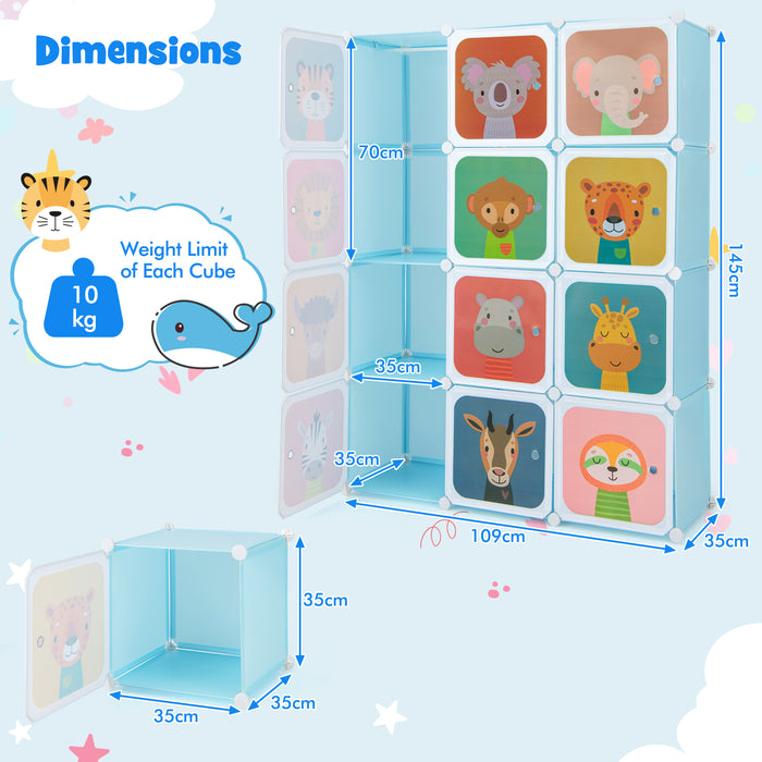 Kids' Portable Storage - 12 Cube Wardrobe with Hanging Section, Blue - Ideal for Organizing Children's Clothing and Accessories