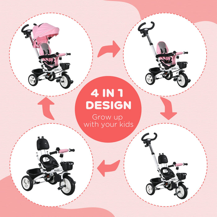 4-in-1 Baby Push Tricycle with Metal Frame and Parent Handle - Versatile Convertible Trike for Kids Aged 1-5 Years, Pink - Ideal for Active Outdoor Play and Development