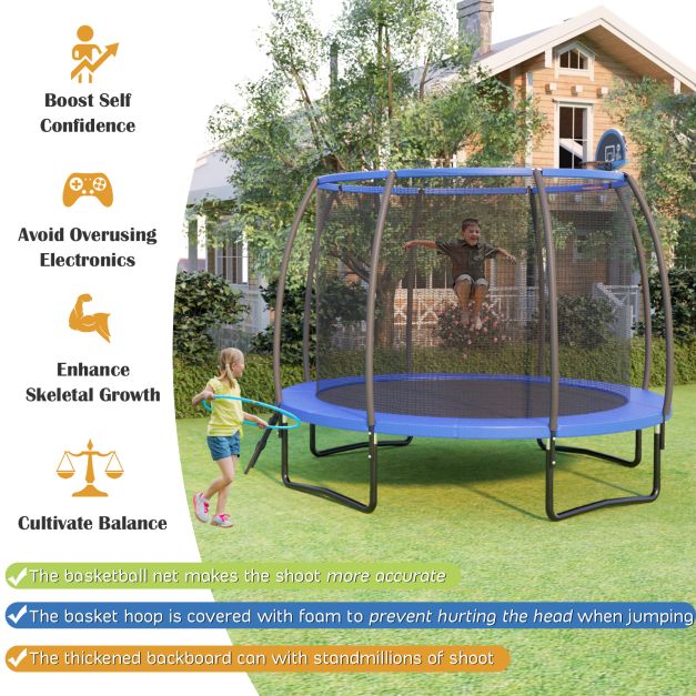 Trampoline 370cm Model - With Bounce and Shoot Basketball Hoop, Safety Enclosure Net - Perfect Entertainment and Exercise for Kids and Adults