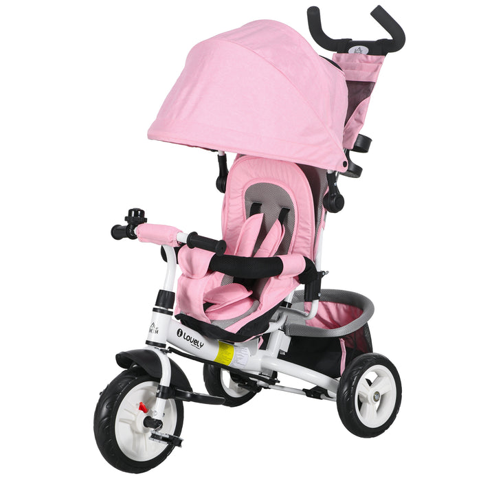 4-in-1 Kids Trike with Push Handle - Multifunctional Toddler Bike with Canopy, Safety Belt, Storage, Footrest, Brake - Ideal for Ages 1-5, Pink