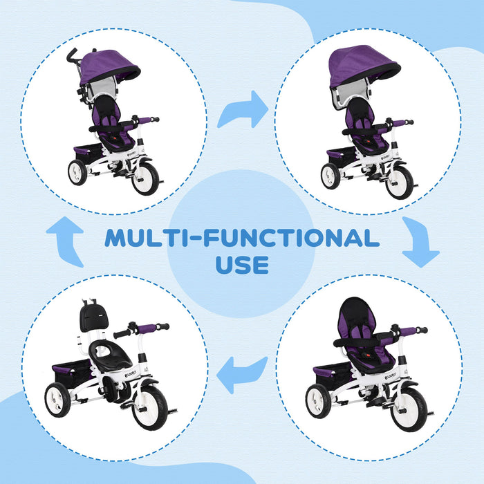 Kids' 4-in-1 Trike and Push Bike - Safety Canopy, 5-point Harness, Storage, Footrest, Brake - Perfect for Toddlers 1-5 Years, Purple