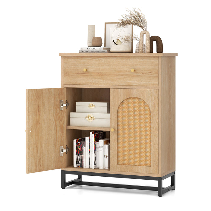 Accent - Floor Storage Cabinet with Rattan Doors & Drawer in Natural Finish - Ideal for Organizing and Decluttering Spaces