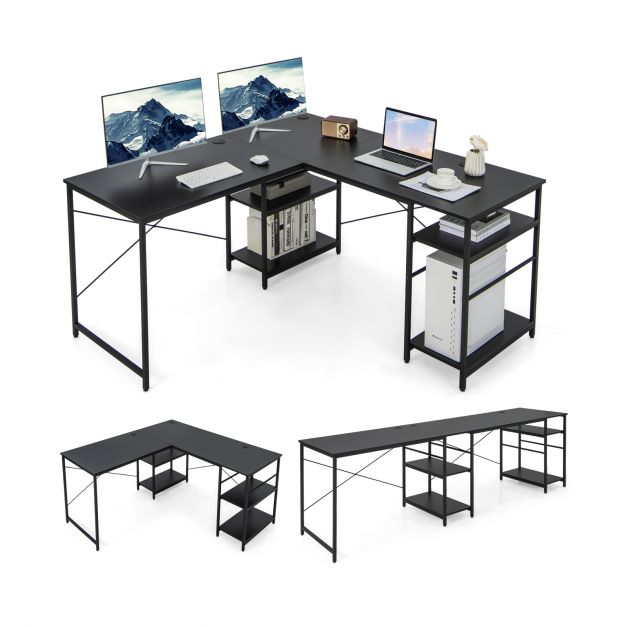 L-Shaped Industrial Wooden Desk - Equipped with Storage Shelves, Perfect for Home or Office - Ideal for Students and Work from Home Professionals