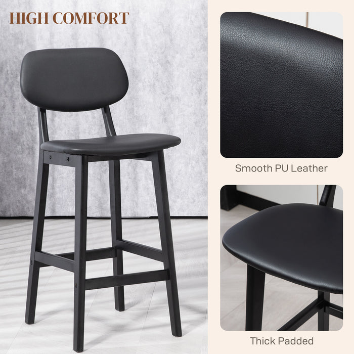 Modern Breakfast Bar Stools Set of 2 - Faux Leather Upholstered Chairs with Wood Legs and Backs, Black - Ideal for Kitchen and Dining Comfort