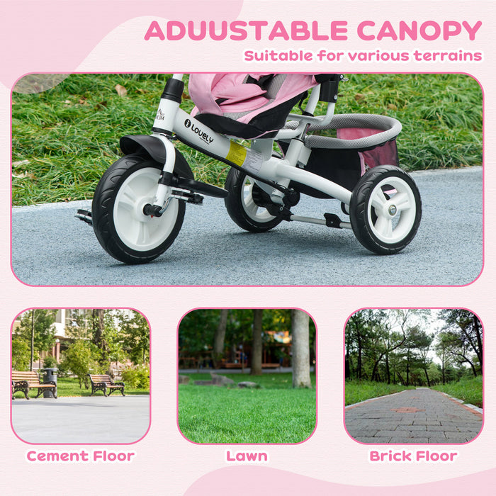 4-in-1 Kids Trike with Push Handle - Multifunctional Toddler Bike with Canopy, Safety Belt, Storage, Footrest, Brake - Ideal for Ages 1-5, Pink