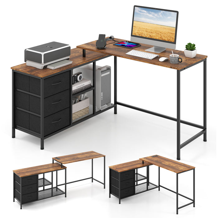L-Shaped Desk for Computers - Includes Shelves, Drawers, and Built-in Charging Station - Perfect for Home Office or Student Workstations