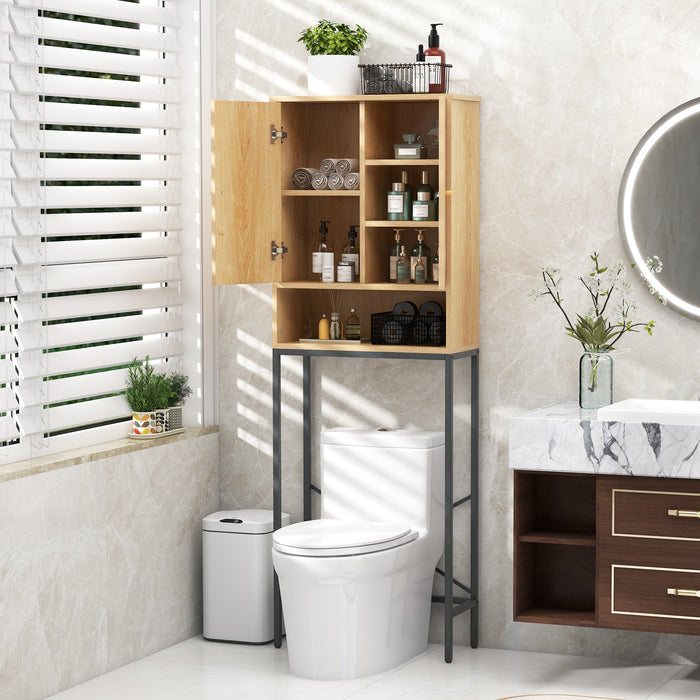 Freestanding Toilet Storage Cabinet with Rattan Doors - Over The Toilet Natural Loom Organizer - Space Saving Solution for Bathroom Essentials
