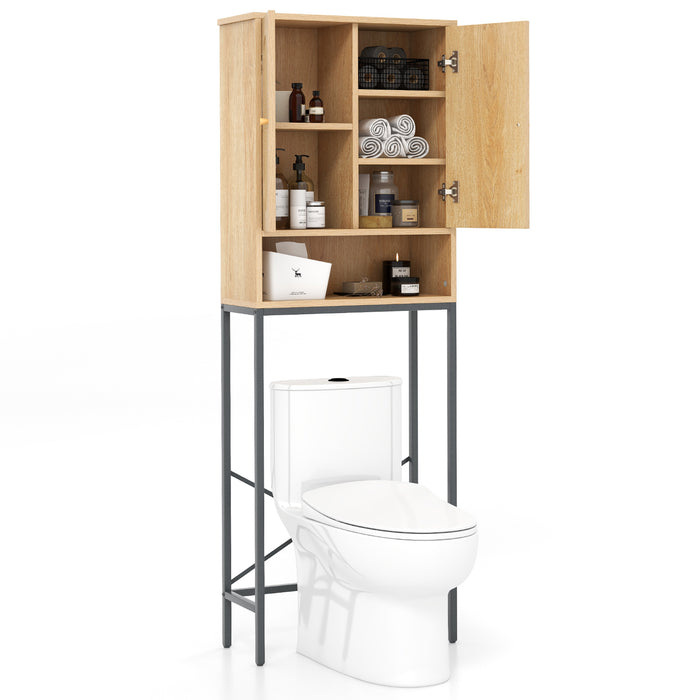 Freestanding Toilet Storage Cabinet with Rattan Doors - Over The Toilet Natural Loom Organizer - Space Saving Solution for Bathroom Essentials