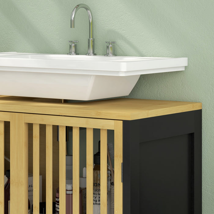 Bamboo Bathroom Cabinet - Under Sink Vanity Unit with 2 Slat Doors & Adjustable Shelf - Space-Saving U-Shape Slot Design for Pipe Compatibility