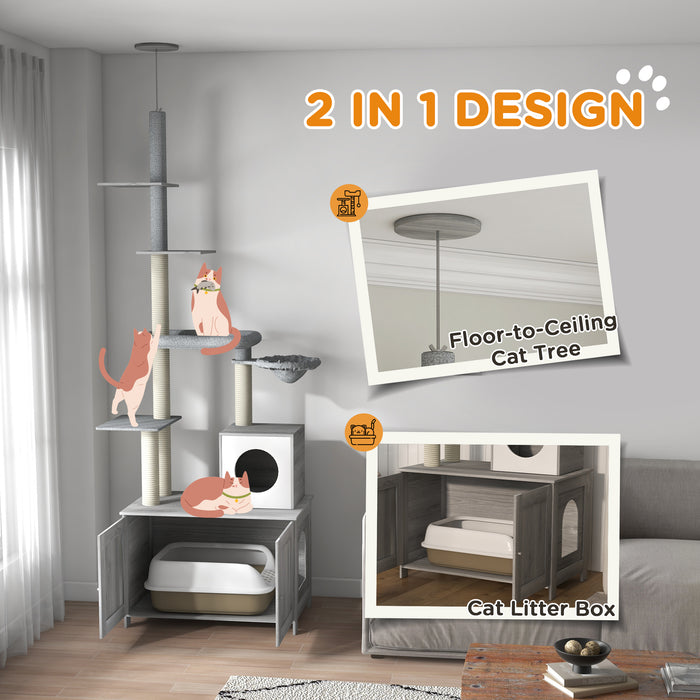 2 in 1 Cat Tree and Concealed Litter Box Furniture - Multi-Level Kitty Playhouse with Bed, Hammock, Scratch Posts & Platforms - Stylish Indoor Cat Tower for Play, Sleep & Privacy