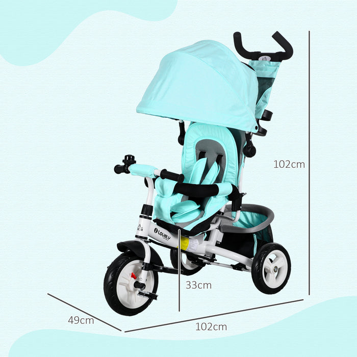 4-in-1 Children's Tricycle with Push Handle and Canopy - Safety-Focused Design with 5-Point Harness, Storage Basket, Footrest, and Brake - Versatile Ride-On Toy for Toddlers and Kids Age 1-5 Years, Green
