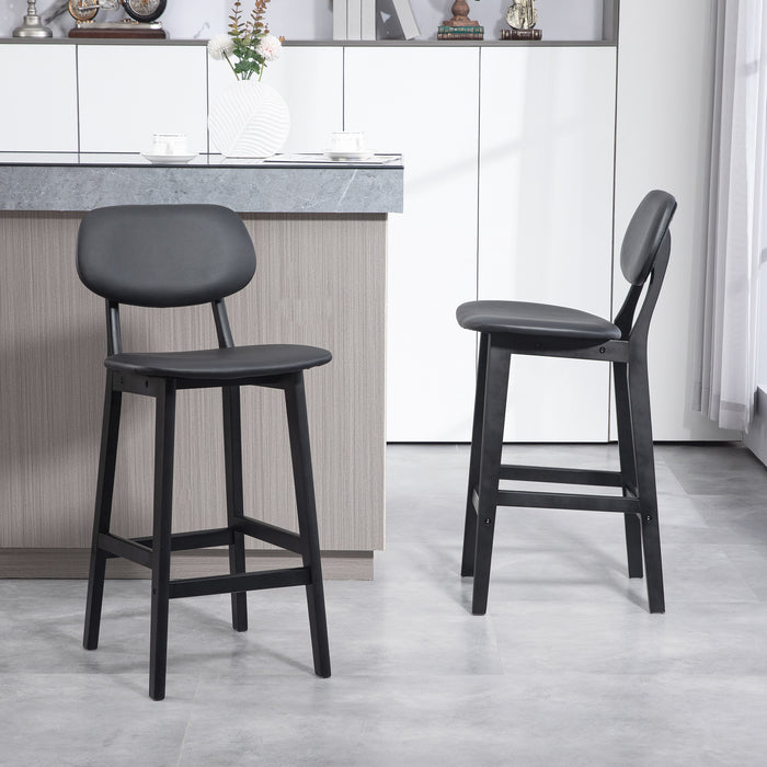 Modern Breakfast Bar Stools Set of 2 - Faux Leather Upholstered Chairs with Wood Legs and Backs, Black - Ideal for Kitchen and Dining Comfort