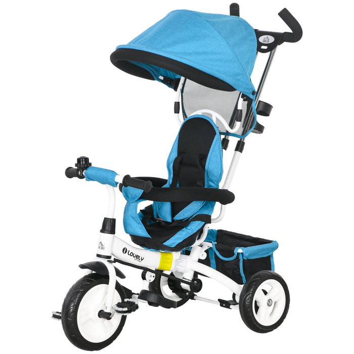 4-in-1 Children's Tricycle - Push Bike with Canopy, Safety Belt, Storage, and Brakes - Ideal for Toddlers Aged 1-5 Years, Blue