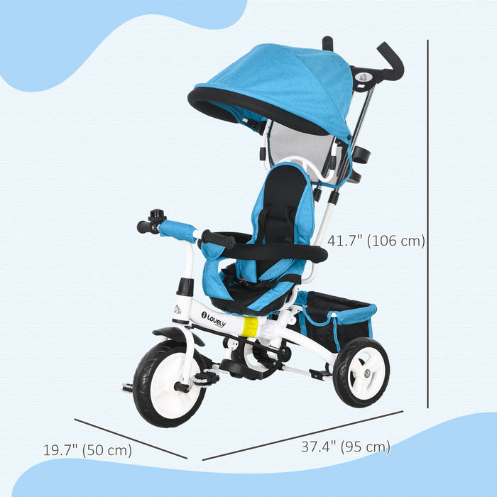 4-in-1 Children's Tricycle - Push Bike with Canopy, Safety Belt, Storage, and Brakes - Ideal for Toddlers Aged 1-5 Years, Blue