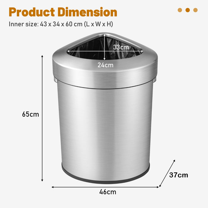 60L Stainless Steel Trash Bin - Corner Design with Lid and Anti-Slip Bottom in Silver - Ideal for Maximizing Space and Keeping Areas Clean