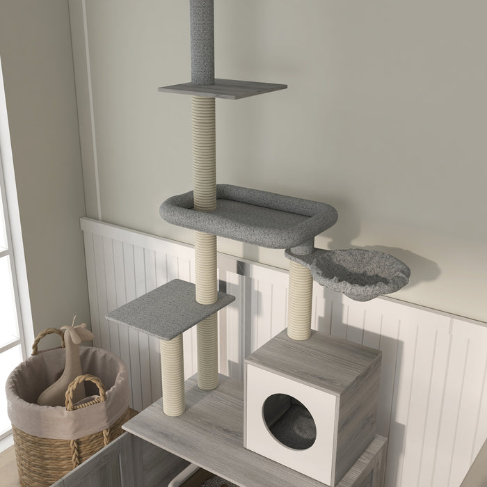 2 in 1 Cat Tree and Concealed Litter Box Furniture - Multi-Level Kitty Playhouse with Bed, Hammock, Scratch Posts & Platforms - Stylish Indoor Cat Tower for Play, Sleep & Privacy