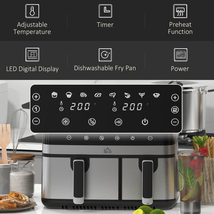 Dual Air Fryer 8.5L - Large Family-Sized Double Oven with 8 Presets & Smart Finish - Digital Display, Includes Recipes for Healthy, Low-Fat Cooking, 2700W