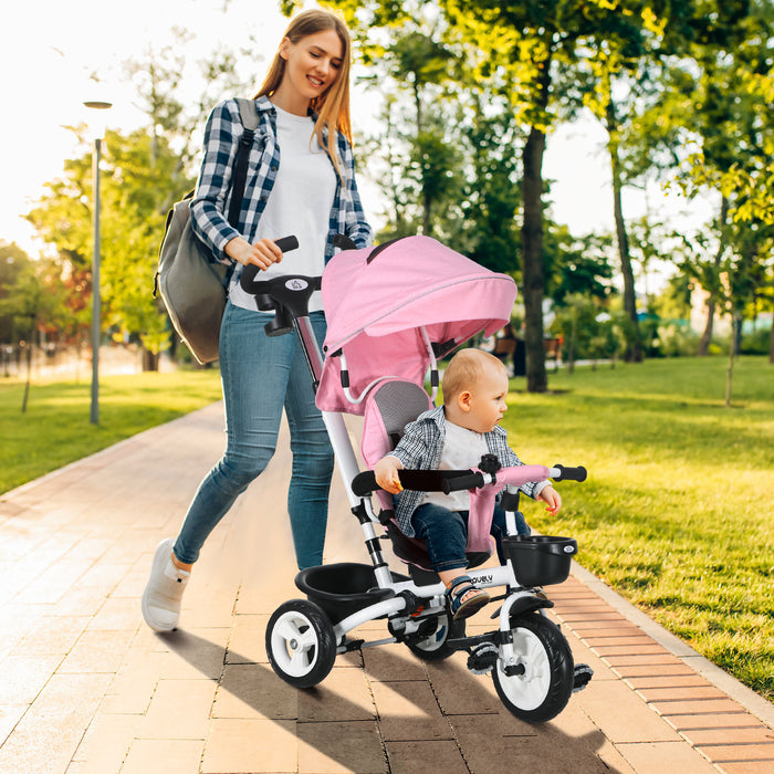 4-in-1 Baby Push Tricycle with Metal Frame and Parent Handle - Versatile Convertible Trike for Kids Aged 1-5 Years, Pink - Ideal for Active Outdoor Play and Development