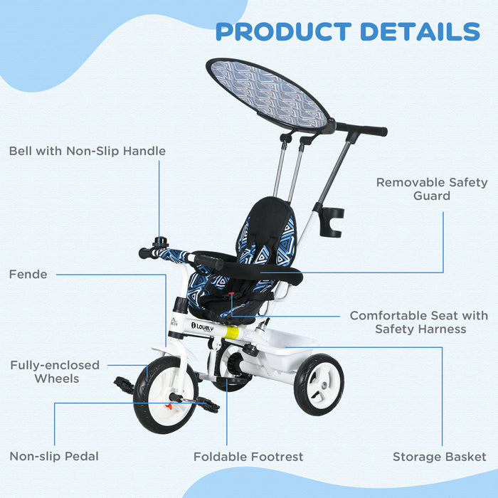 Kids' 4-in-1 Convertible Tricycle with Safety Harness - Blue Tricycle with Removable Canopy and 5-Point Straps - Ideal for Growing Toddlers and Outdoor Play