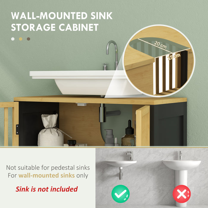 Bamboo Bathroom Cabinet - Under Sink Vanity Unit with 2 Slat Doors & Adjustable Shelf - Space-Saving U-Shape Slot Design for Pipe Compatibility