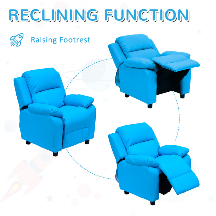 Kids Recliner with Armrest Storage - Blue PU Leather Look Lounger for Children - Comfy Gaming Chair Sofa Seat for Playroom and Relaxation