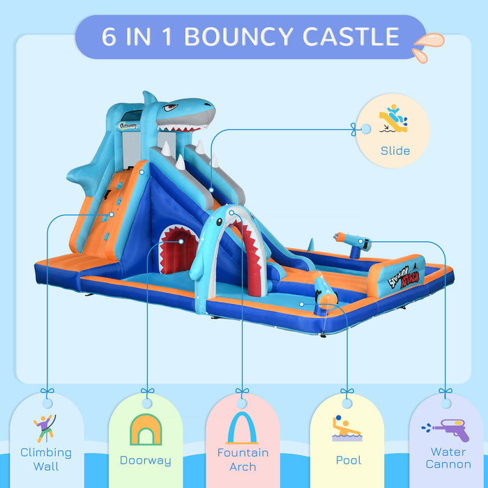 6-in-1 Shark-Themed Inflatable Play Center - Bouncy Castle, Water Park, Slide, Pool, Trampoline with Blower - Ideal for Kids Aged 3-8 Years
