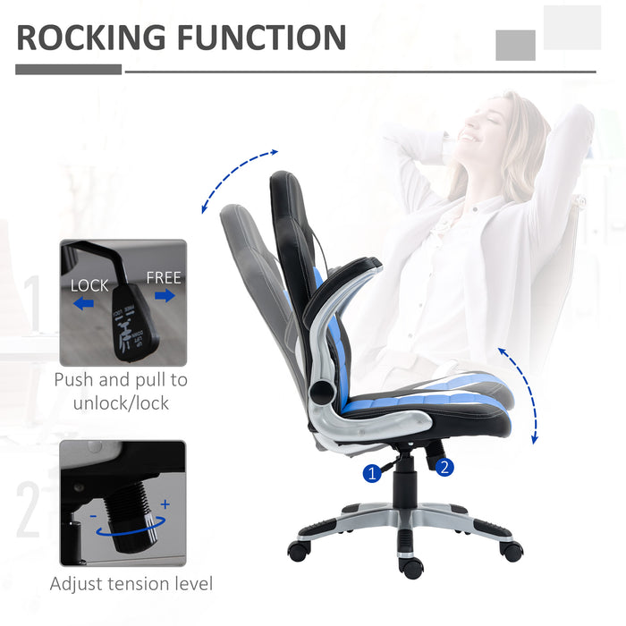 Ergonomic Racing Style Gaming Chair - PU Leather, Height Adjustable, Swivel, Tilt, Flip-Up Armrests in Blue - Comfortable Desk Chair for Gamers and Professionals