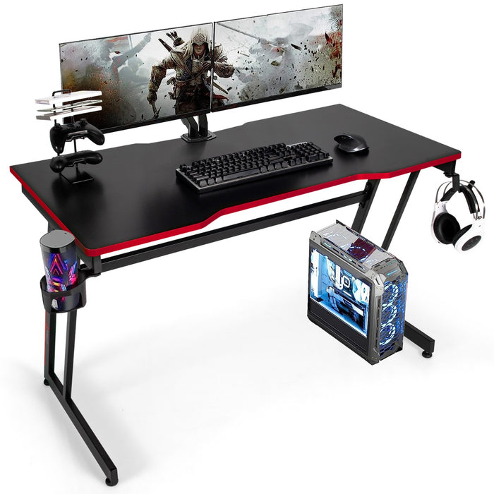 Z-Shaped Brand Computer Desk - Space-Saving Design with Headphone Hook and Cup Holder - Perfect for Gamers and Home Office Use