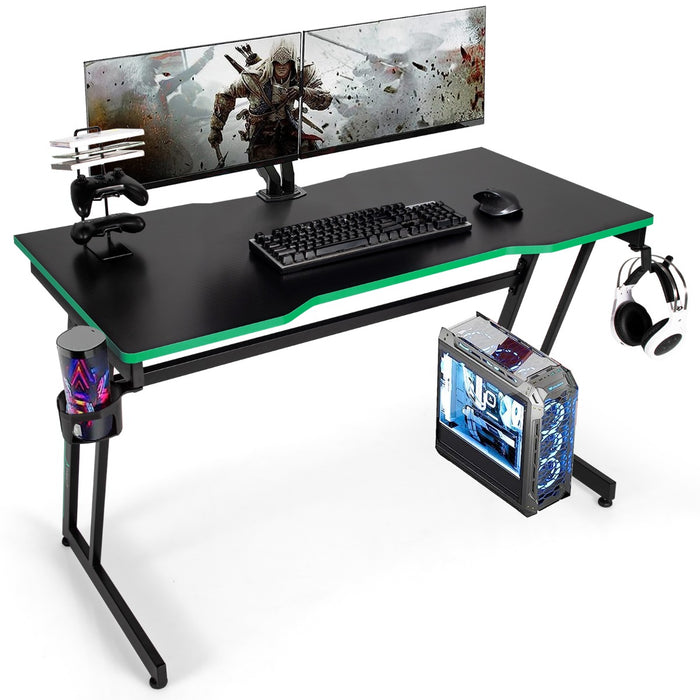 Z-Shaped Brand Computer Desk - Space-Saving Design with Headphone Hook and Cup Holder - Perfect for Gamers and Home Office Use