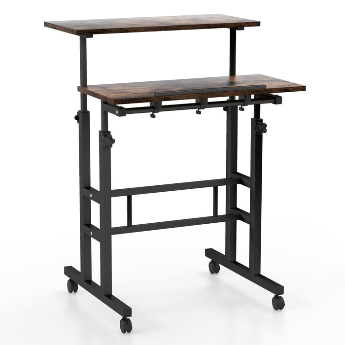 Adjustable 2-Tier Standing Desk - On Wheels, Rustic Brown Design - Ideal for Comfortable and Mobile Workspace Solutions