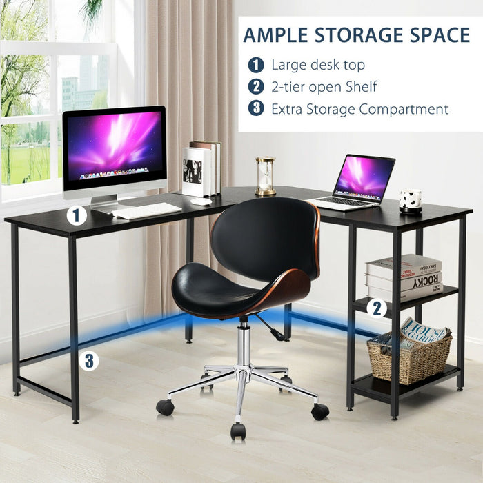 Corner Desk Solutions - L-Shaped Computer Desk with 2-Tier Storage Shelf in Natural Finish - Ideal for Home Offices and Small Spaces