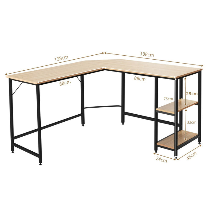 Corner Desk Solutions - L-Shaped Computer Desk with 2-Tier Storage Shelf in Natural Finish - Ideal for Home Offices and Small Spaces