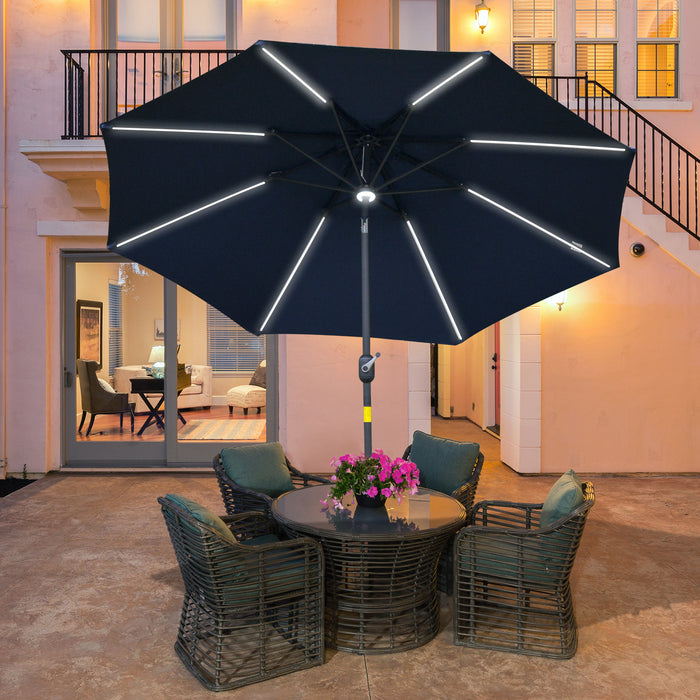 Outdoor Solar LED Parasol - 2.7m Angled Canopy Sun Umbrella with Vent and Crank Tilt Function, Blue - Ideal Summer Patio Shelter