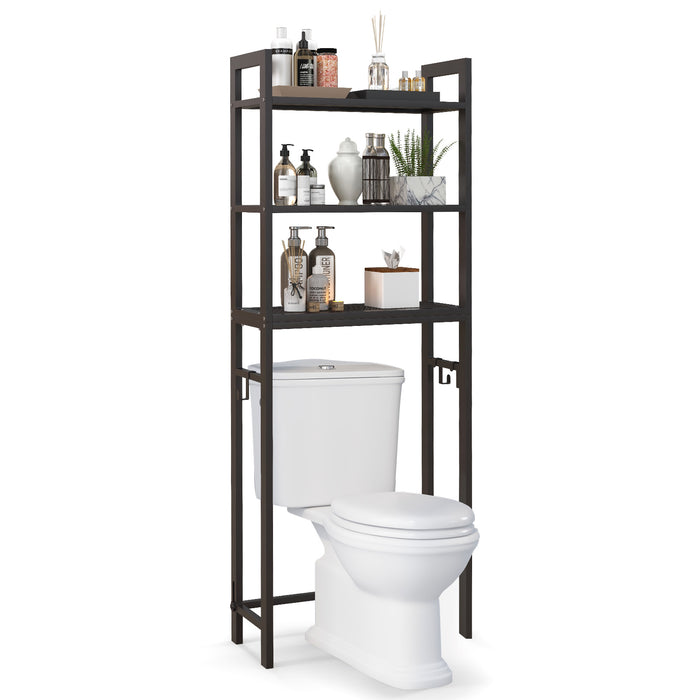 Over-The-Toilet Rack - Storage Shelf with Anti-tipping Device and Hooks in Brown - Ideal for Bathroom Organization