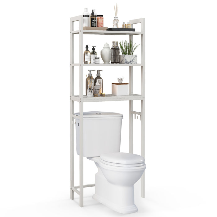 Over-The-Toilet Rack - Storage Shelf with Anti-tipping Device and Hooks in Brown - Ideal for Bathroom Organization