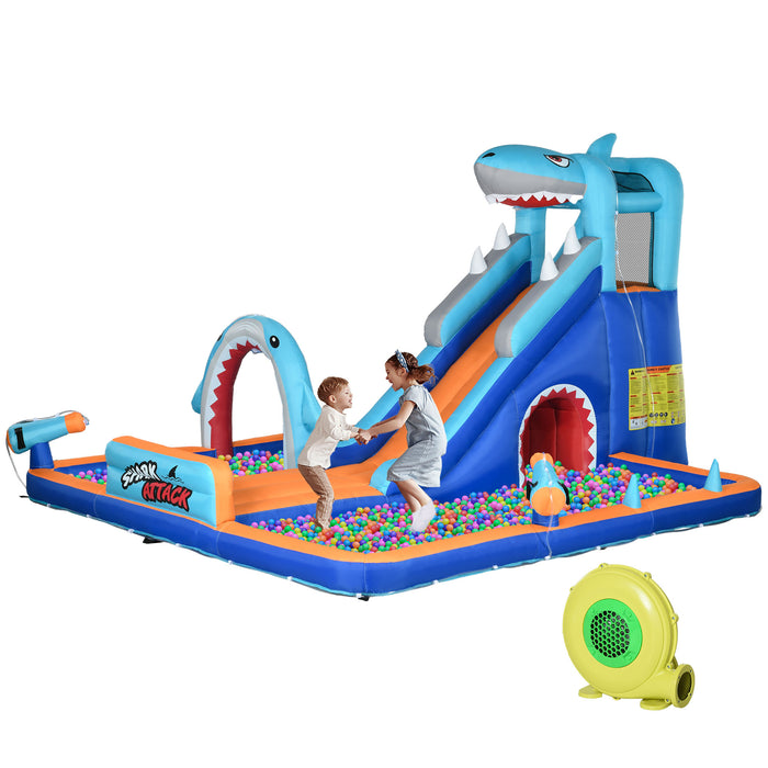 6-in-1 Shark-Themed Inflatable Play Center - Bouncy Castle, Water Park, Slide, Pool, Trampoline with Blower - Ideal for Kids Aged 3-8 Years
