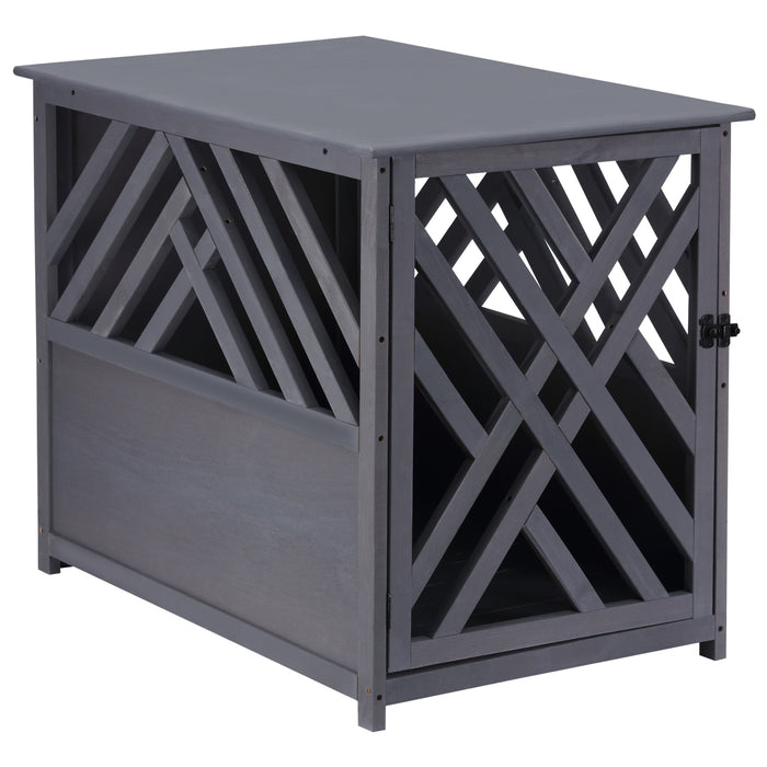 Elegant Wooden Dog Crate & End Table - Stylish Pet Kennel with Lattice Design and Lockable Door, 60x91x74cm, Grey - Ideal for Home Décor and Pet Security