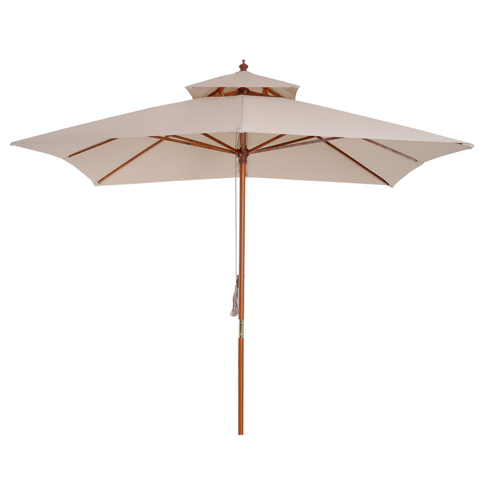 Beige 3x3M Double-Tier Garden Parasol - Patio Sunshade Umbrella with Wooden Canopy - Ideal for Outdoor Relaxation and UV Protection