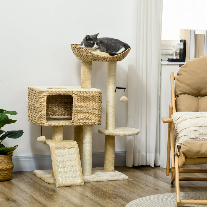 Deluxe 95cm Beige Cat Tree Tower - Multi-Level with Scratching Post, Cozy Cat House, Dangling Toy Ball, and Perch Platform - Perfect Play Structure for Climbing & Lounging Felines