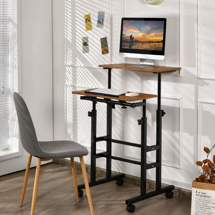 Adjustable 2-Tier Standing Desk - On Wheels, Rustic Brown Design - Ideal for Comfortable and Mobile Workspace Solutions