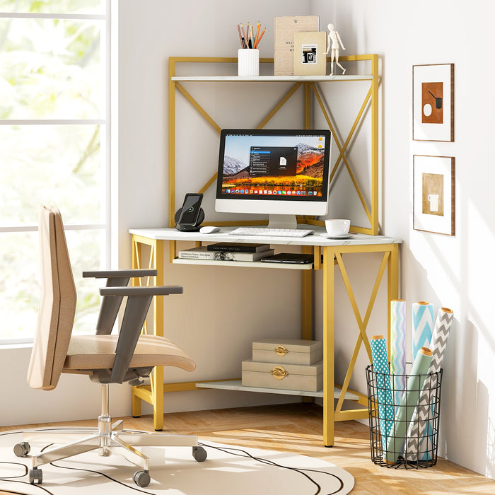Desk with Hutch Corner Design - Computer Workstation with Storage Shelves and Keyboard Tray - Ideal for Space-saving Office Solutions