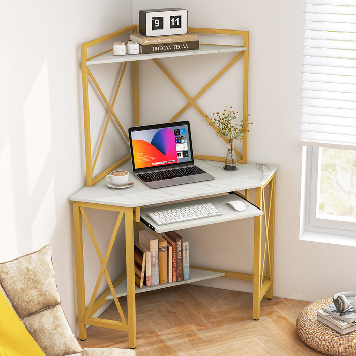Desk with Hutch Corner Design - Computer Workstation with Storage Shelves and Keyboard Tray - Ideal for Space-saving Office Solutions