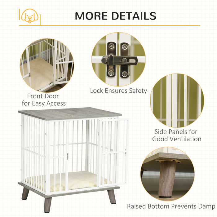 Indoor Pet Kennel End Table with Soft Cushion - Lockable Door & Stylish Crate Furniture for Small Dogs, 64.5x48x70.5 cm - Elegant Home Solution for Pet Safety and Comfort in Grey