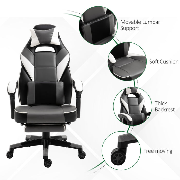 Ergonomic Gaming Chair with Footrest and Lumbar Support - Thick Padding, Headrest, 5 Smooth-Rolling Wheels, Reclining Backrest - Adjustable Height for Comfortable Gaming & Home Office Use, Grey