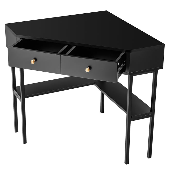 Corner Desk by L-Shaped - Black Triangular Computer Desk, 2 Drawers, and Storage Shelves - Ideal for Maximizing Corner Space in Home Offices or Study Rooms