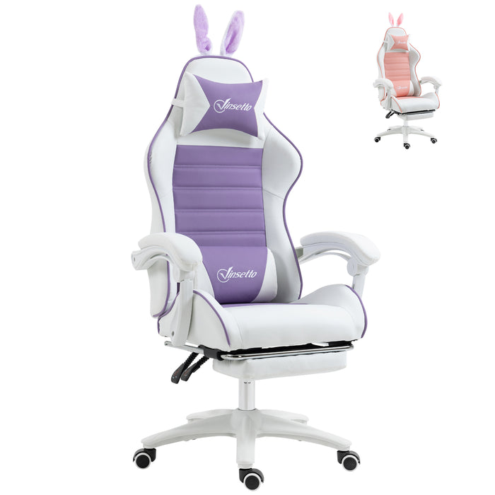 Racing Gaming Chair with Rabbit Ears - Reclining PU Leather Computer Chair, Footrest, Headrest & Lumbar Support, Purple - Ideal for Gamers & Home Office Use
