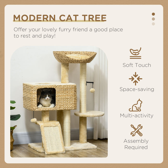 Deluxe 95cm Beige Cat Tree Tower - Multi-Level with Scratching Post, Cozy Cat House, Dangling Toy Ball, and Perch Platform - Perfect Play Structure for Climbing & Lounging Felines