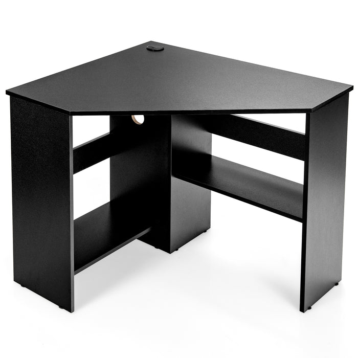 Corner Computer Desk by Triangle - Open Shelf, Cable Management Holes, Compact Black Design - Ideal for Maximizing Office or Home Workspace Efficiency